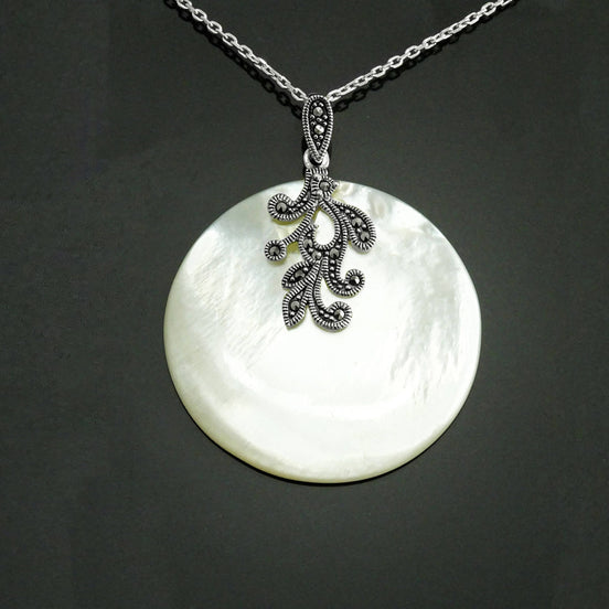 Art Deco Sterling Silver Mother of Pearl Pendant Necklace, Marcasite Jewelry