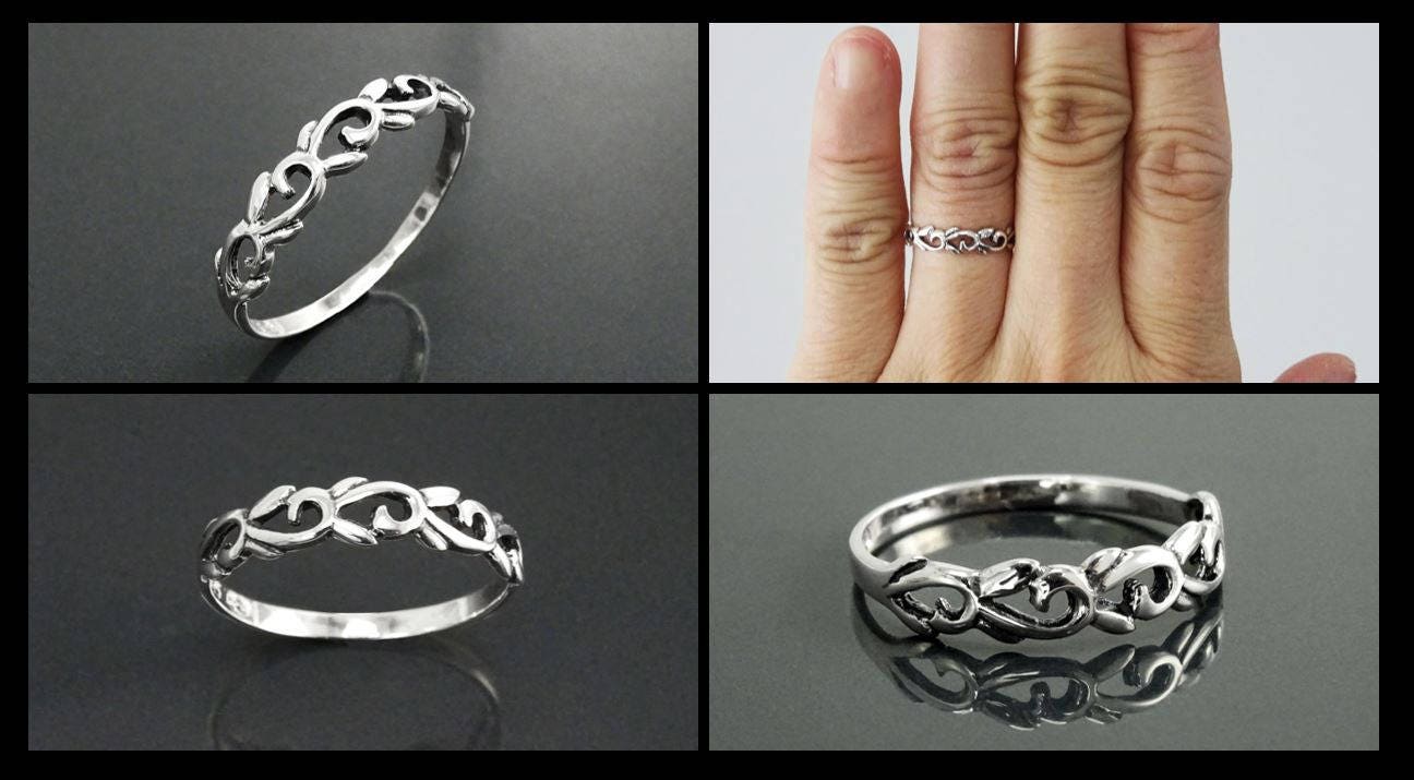 Antique Sterling Silver Engraved Hollow Band Ring, Boho Style