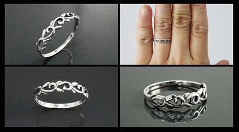 Antique Sterling Silver Engraved Hollow Band Ring, Boho Style