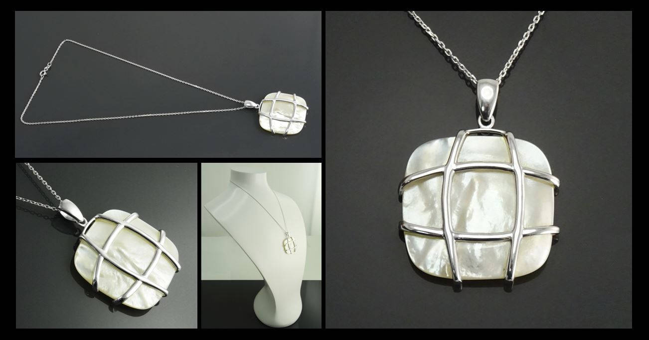 Square Shell Pendant, Sterling Silver, GENUINE MOP Mother of Pearl, Statement Modern Geometric White Stone Necklace, Original Lace Jewelry