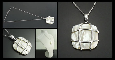 Square Shell Pendant, Sterling Silver, GENUINE MOP Mother of Pearl, Statement Modern Geometric White Stone Necklace, Original Lace Jewelry