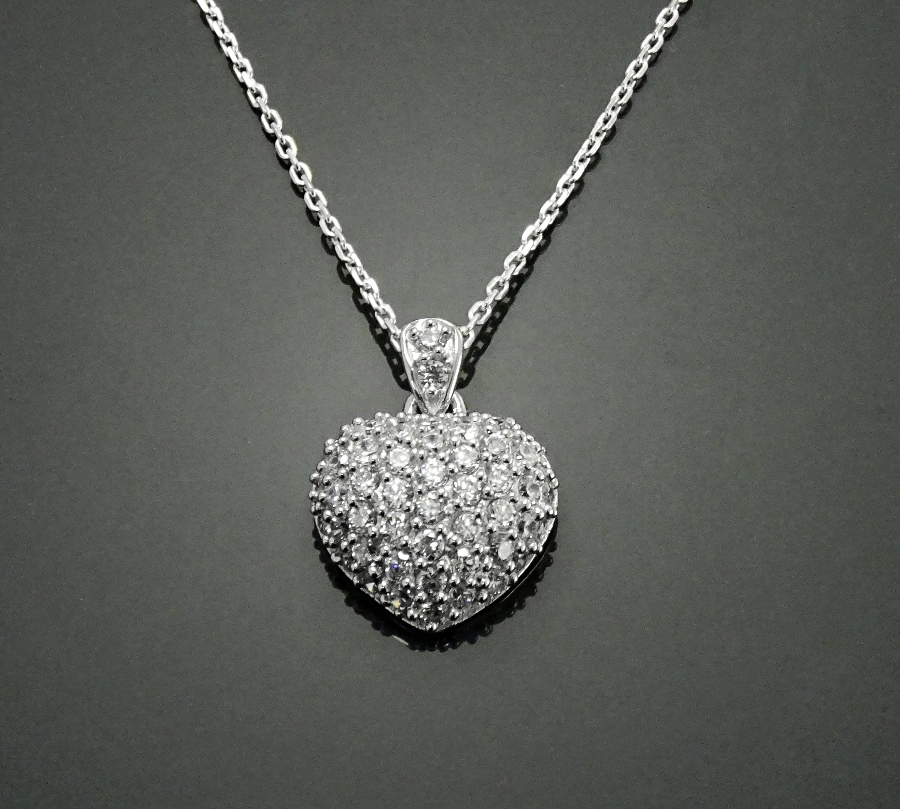 Sterling Silver Pave Heart Necklace • Cz Stones Pendant • Lovers Jewelry • Size M