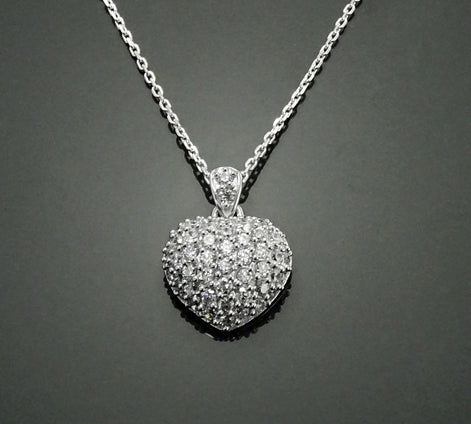 Sterling Silver Pave Heart Necklace • Cz Stones Pendant • Lovers Jewelry • Size M