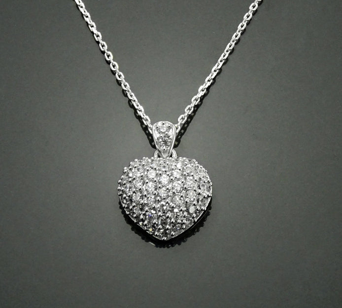 Sterling Silver Pave Heart Necklace • Cz Stones Pendant • Lovers Jewelry • Size M