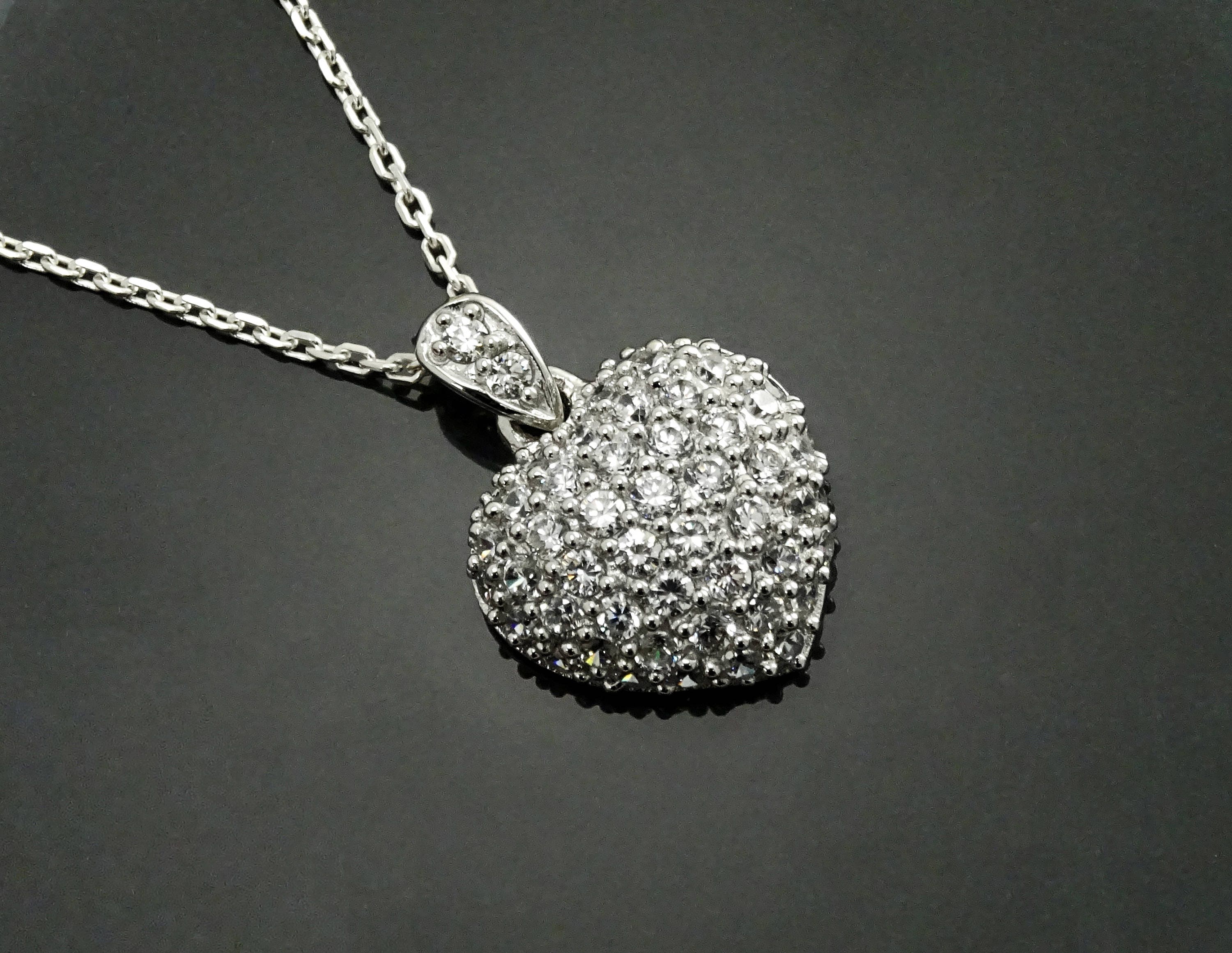 Sterling Silver Pave Heart Necklace • Cz Stones Pendant • Lovers Jewelry • Size M