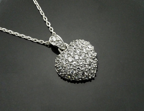 Sterling Silver Pave Heart Necklace • Cz Stones Pendant • Lovers Jewelry • Size M