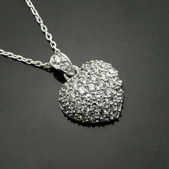 Sterling Silver Pave Heart Necklace • Cz Stones Pendant • Lovers Jewelry • Size M