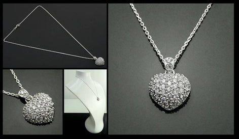 Sterling Silver Pave Heart Necklace • Cz Stones Pendant • Lovers Jewelry • Size M
