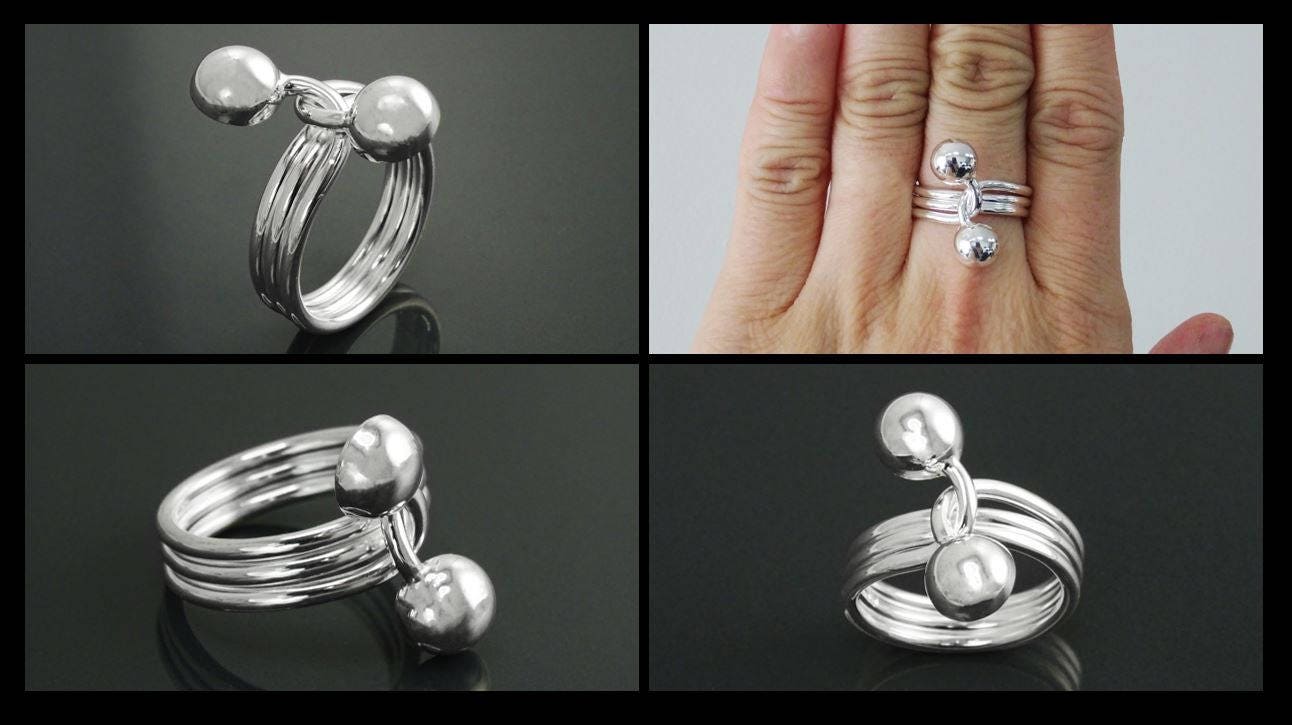 Ball Ring, Sterling Silver, Bypass Half Ring, Cross Balls Crossing Spiral Coiled Ring, Modern Minimalist Geometric Round Designed Jewelry