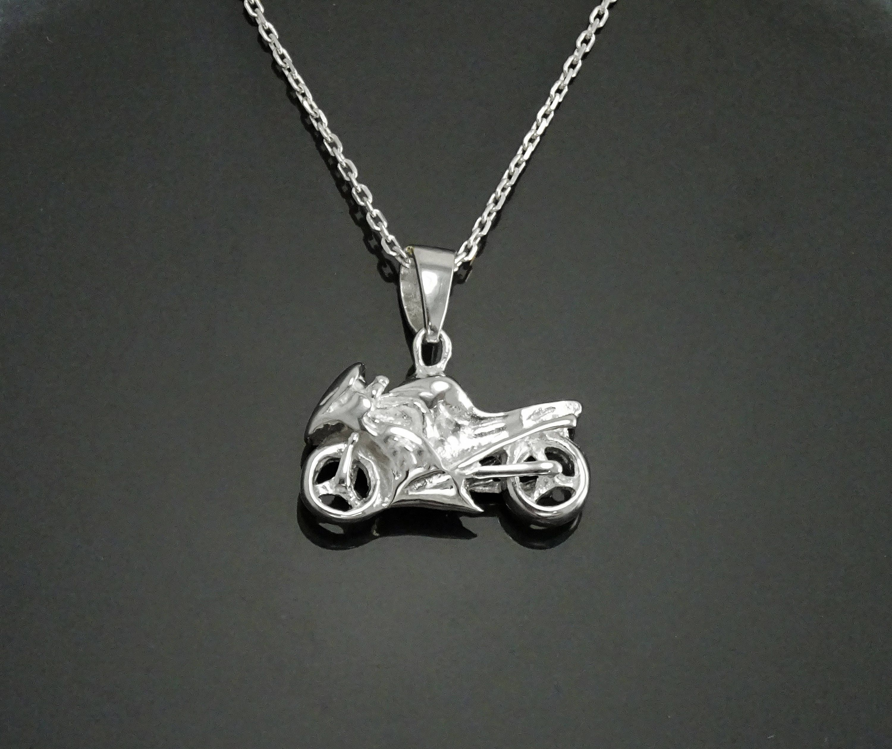 Sterling Silver Motorcycle Pendant, Modern Biker Necklace Charm