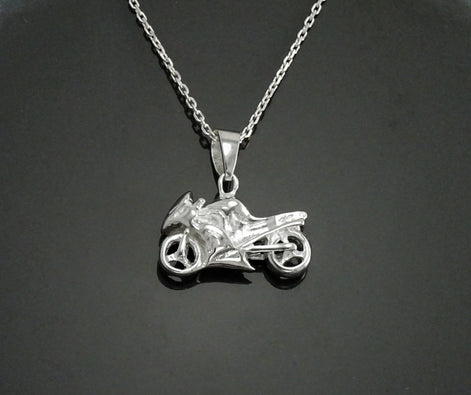 Sterling Silver Motorcycle Pendant, Modern Biker Necklace Charm