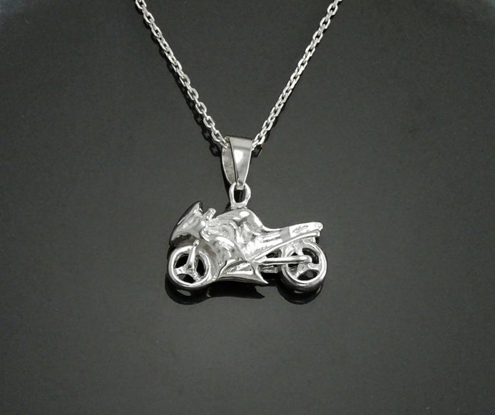 Sterling Silver Motorcycle Pendant, Modern Biker Necklace Charm
