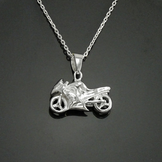 Sterling Silver Motorcycle Pendant, Modern Biker Necklace Charm