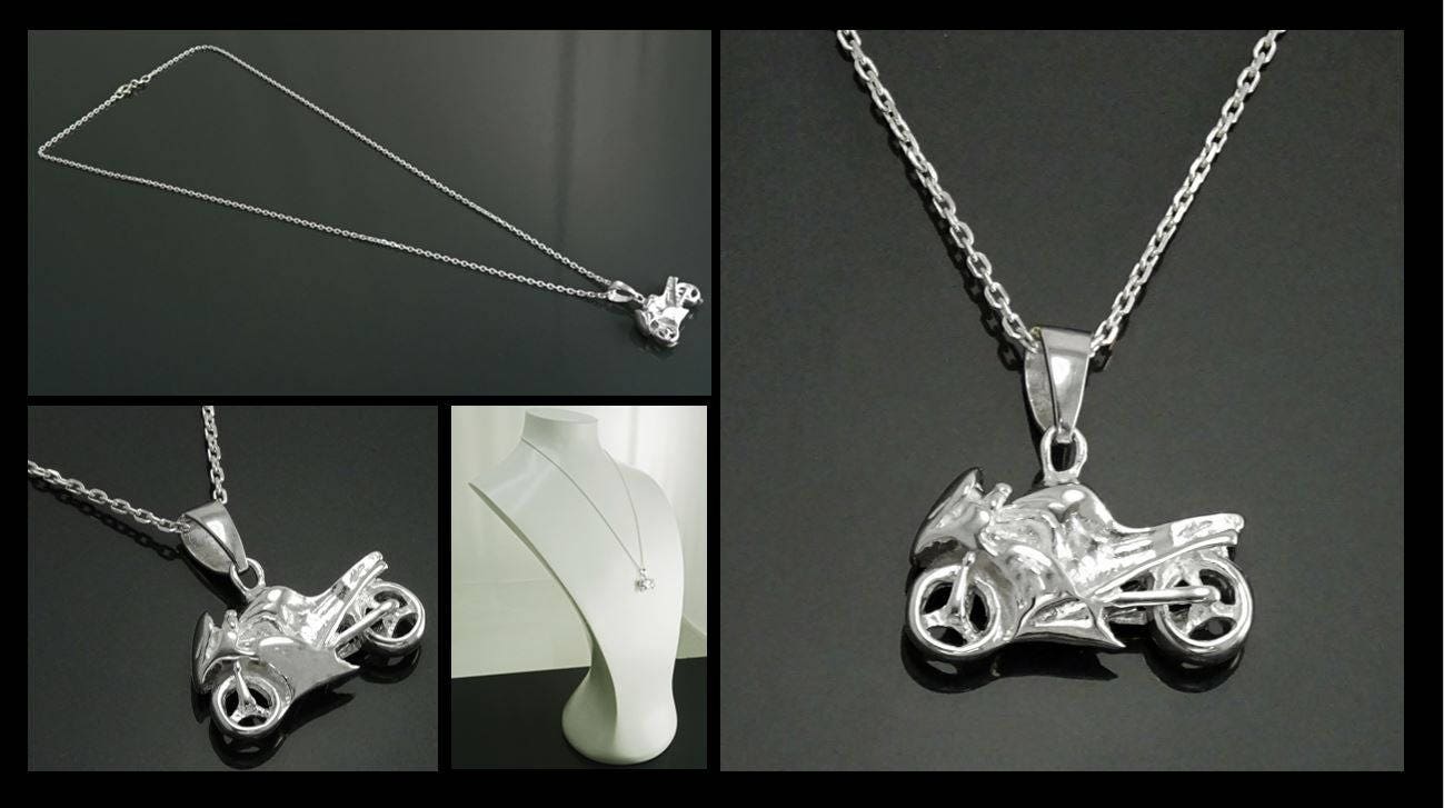 Sterling Silver Motorcycle Pendant, Modern Biker Necklace Charm