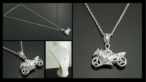 Sterling Silver Motorcycle Pendant, Modern Biker Necklace Charm