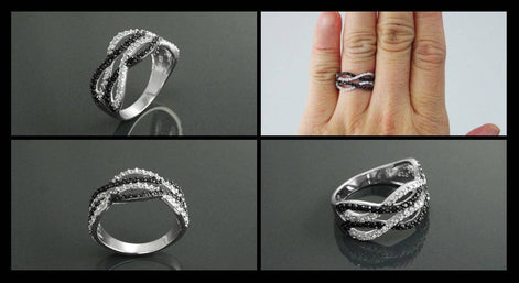 Sterling Silver Intertwined Waves Ring, Black White CZ Stones, Cocktail Ring