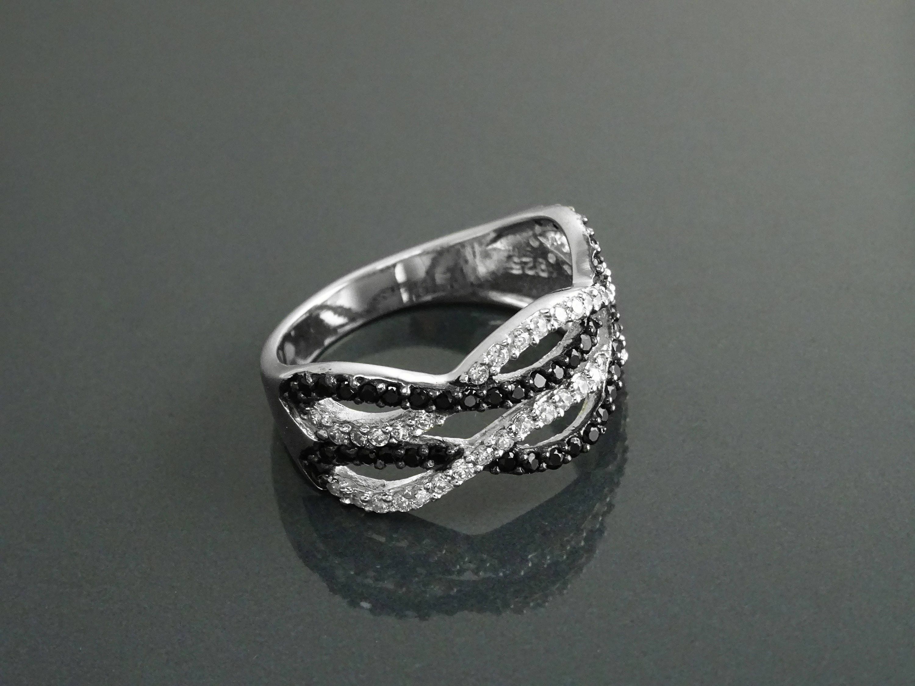 Sterling Silver Intertwined Waves Ring, Black White CZ Stones, Cocktail Ring