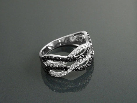 Sterling Silver Intertwined Waves Ring, Black White CZ Stones, Cocktail Ring