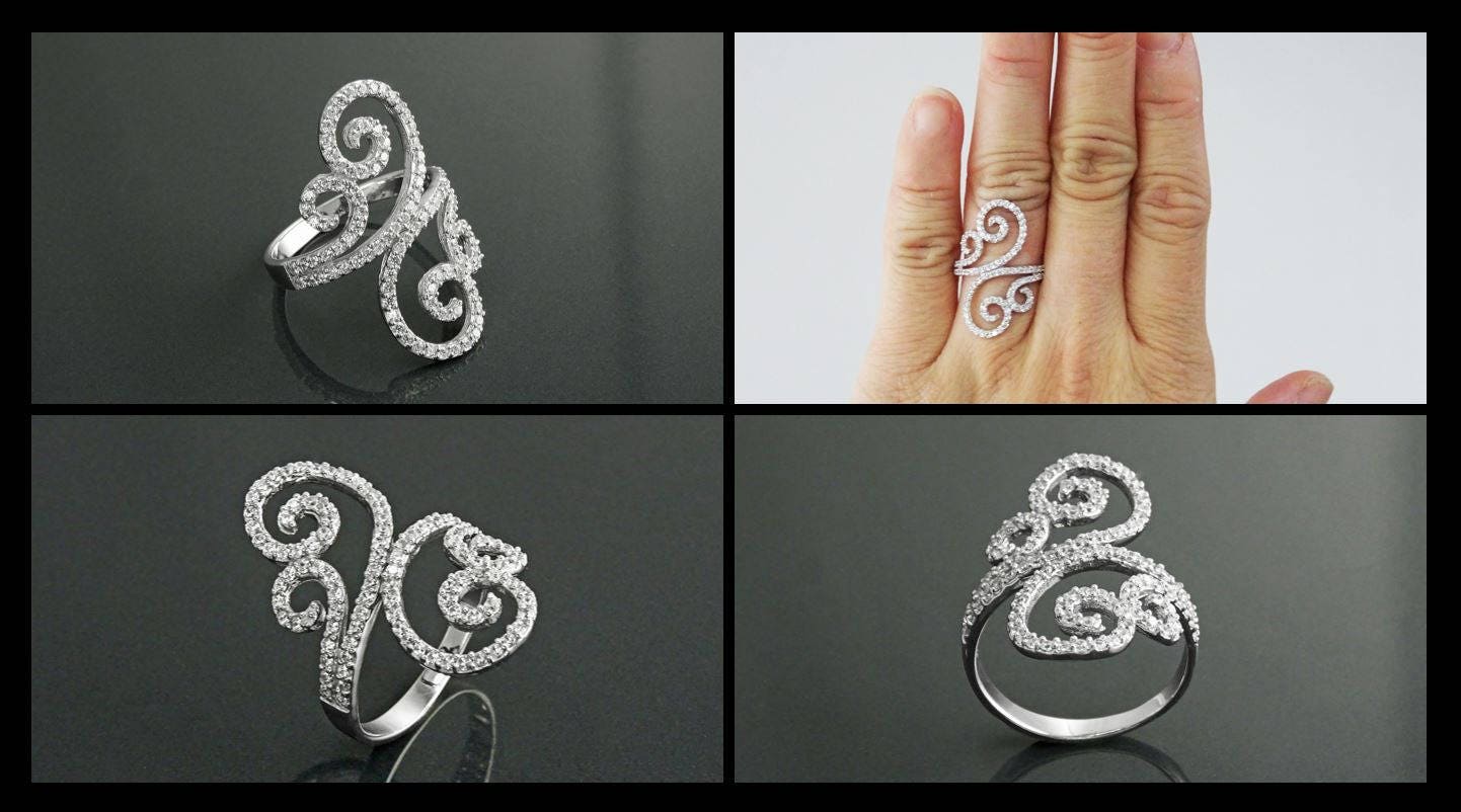 925 Art Deco Sterling Silver Spirals Ring, Bypass CZ Stones, XS Size Ring