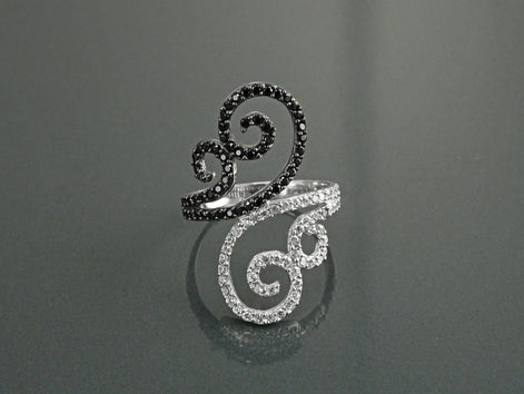 Art Deco Sterling Silver Spirals Ring, Black White CZ Spirals Cocktail Statement Jewelry