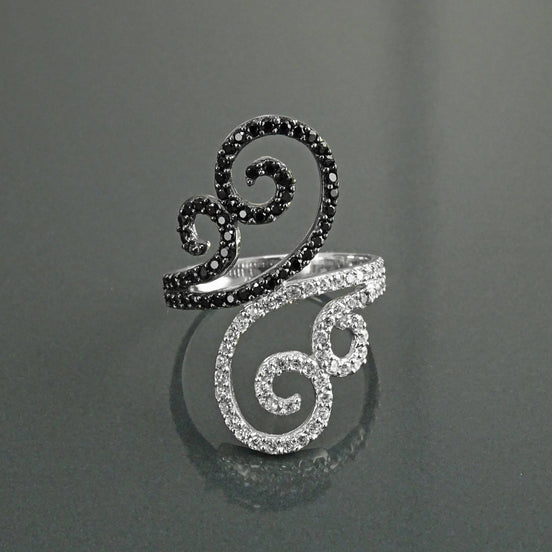 Art Deco Sterling Silver Spirals Ring, Black White CZ Spirals Cocktail Statement Jewelry