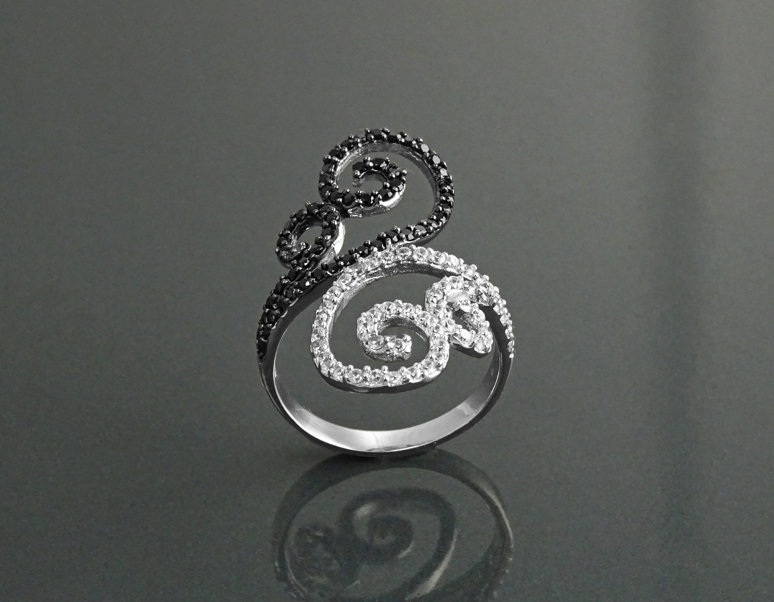 Art Deco Sterling Silver Spirals Ring, Black White CZ Spirals Cocktail Statement Jewelry