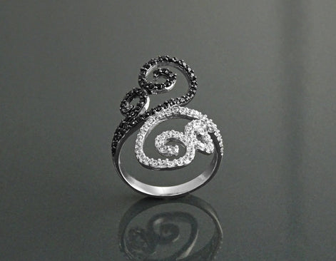 Art Deco Sterling Silver Spirals Ring, Black White CZ Spirals Cocktail Statement Jewelry