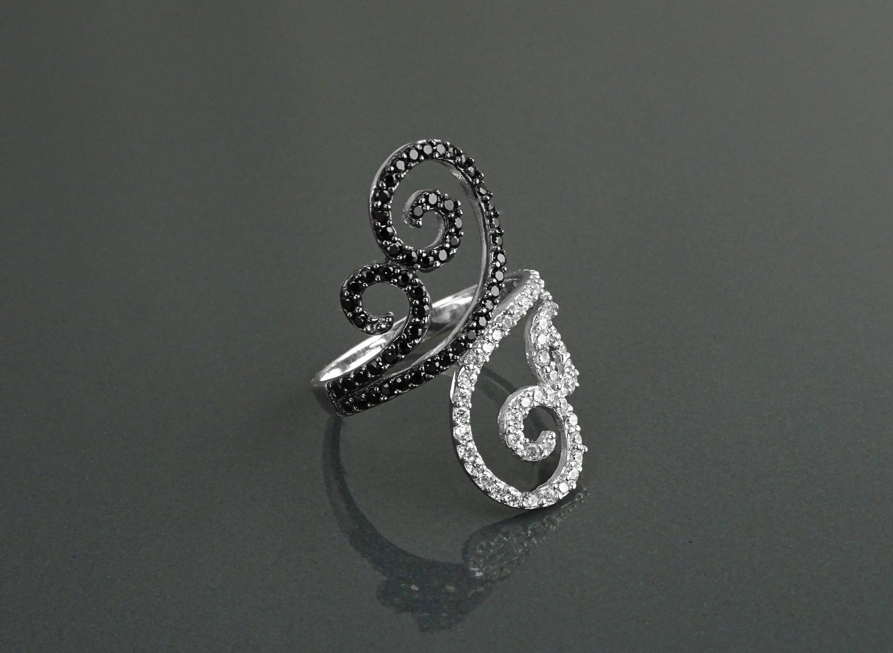 Art Deco Sterling Silver Spirals Ring, Black White CZ Spirals Cocktail Statement Jewelry