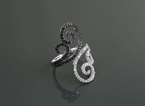 Art Deco Sterling Silver Spirals Ring, Black White CZ Spirals Cocktail Statement Jewelry