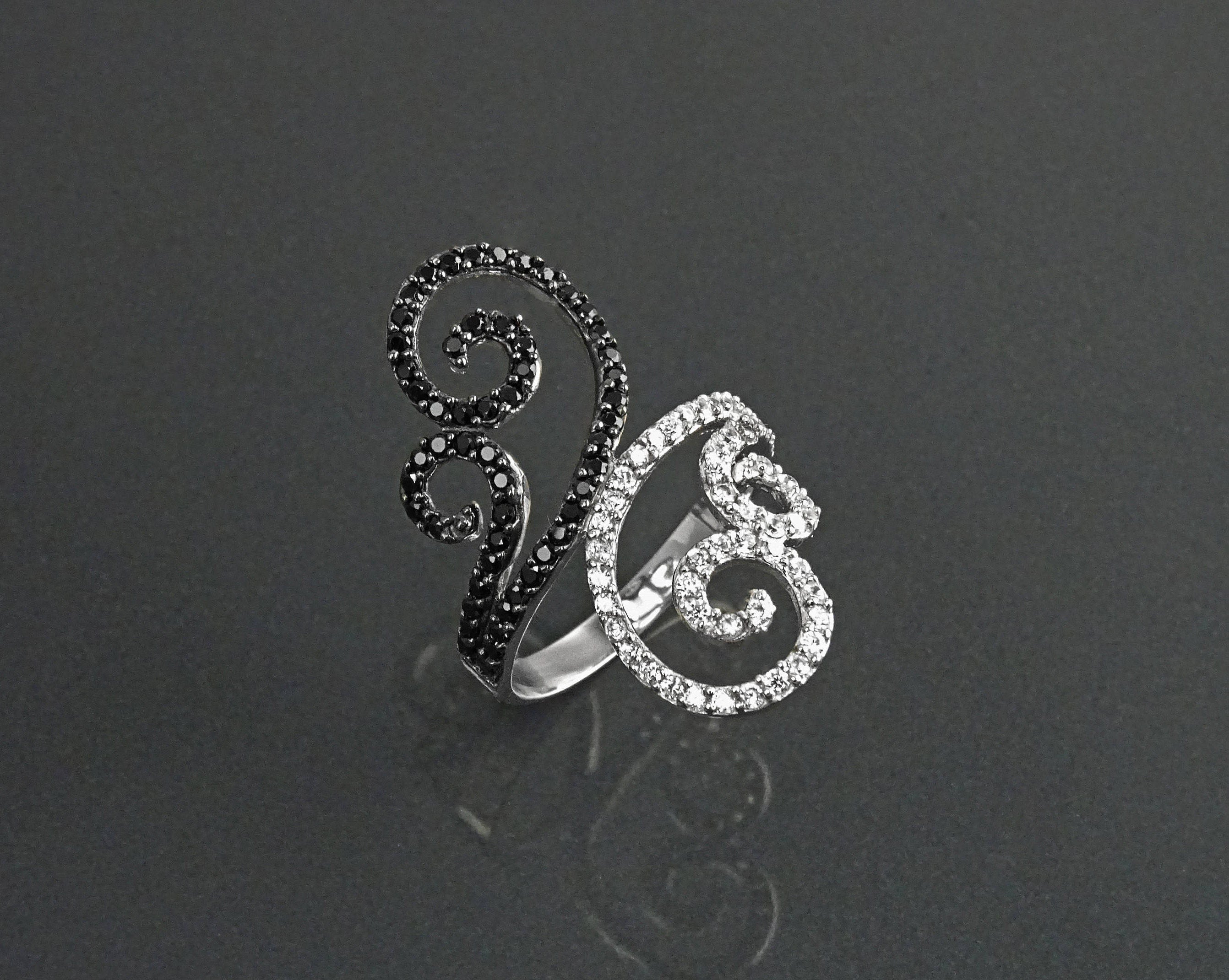 Art Deco Sterling Silver Spirals Ring, Black White CZ Spirals Cocktail Statement Jewelry