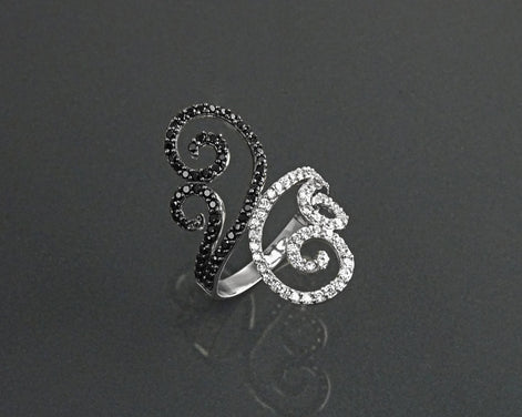 Art Deco Sterling Silver Spirals Ring, Black White CZ Spirals Cocktail Statement Jewelry