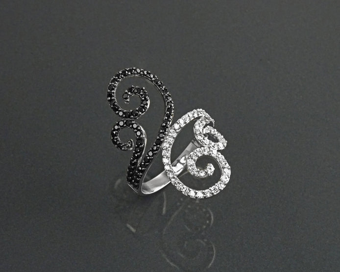 Art Deco Sterling Silver Spirals Ring, Black White CZ Spirals Cocktail Statement Jewelry