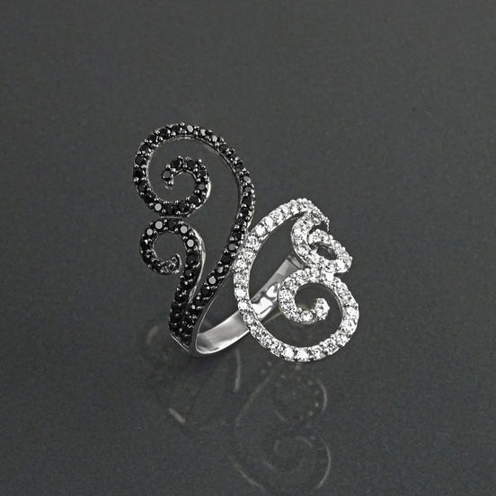Art Deco Sterling Silver Spirals Ring, Black White CZ Spirals Cocktail Statement Jewelry