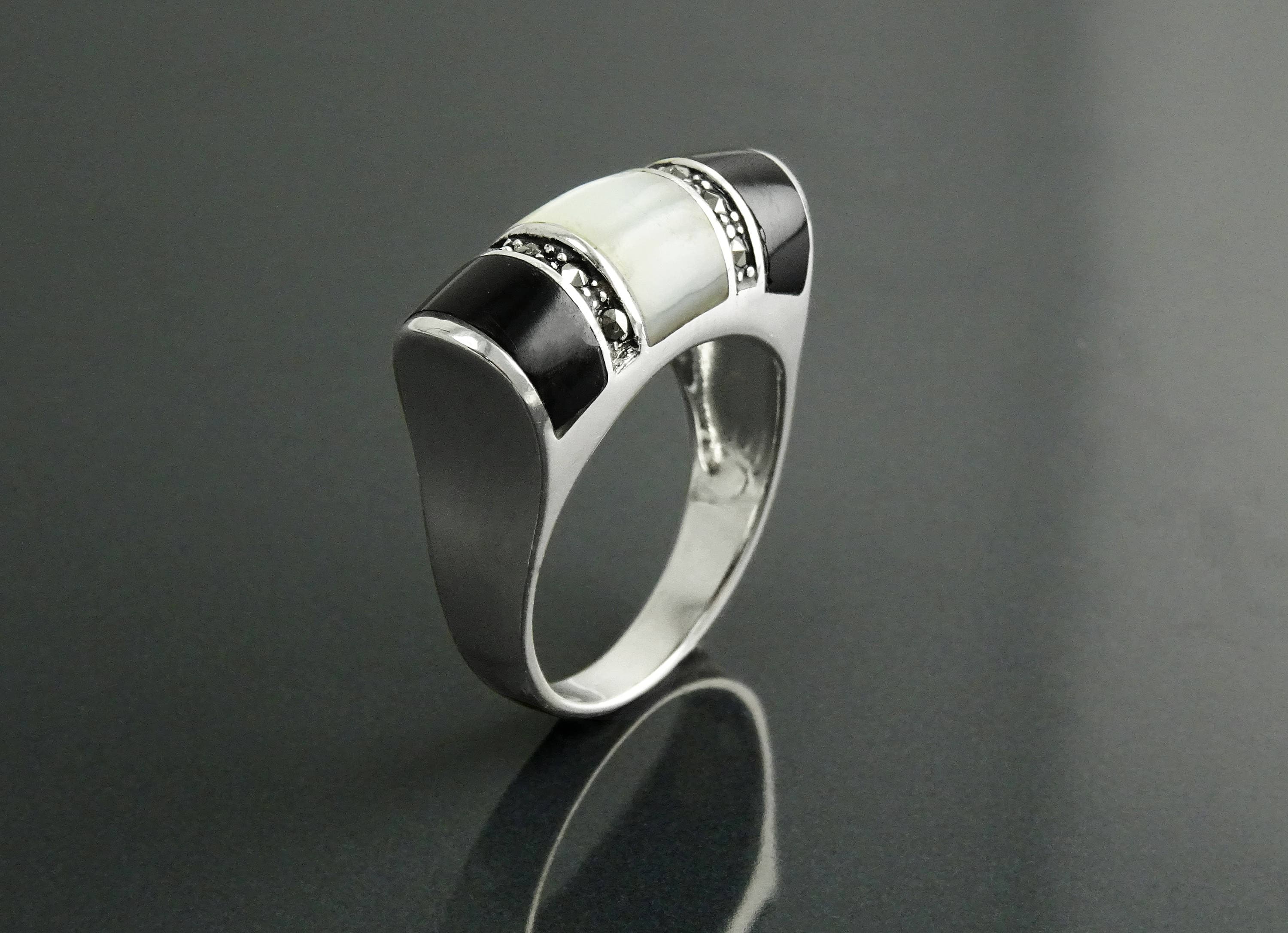 Art Deco Ring, Sterling Silver, Black Onyx Gemstone & Mother of Pearl, Vintage Marcasite Jewelry