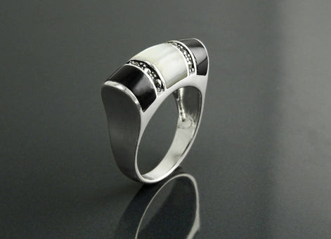Art Deco Ring, Sterling Silver, Black Onyx Gemstone & Mother of Pearl, Vintage Marcasite Jewelry