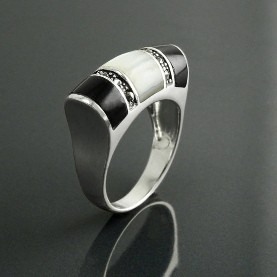 Art Deco Ring, Sterling Silver, Black Onyx Gemstone & Mother of Pearl, Vintage Marcasite Jewelry
