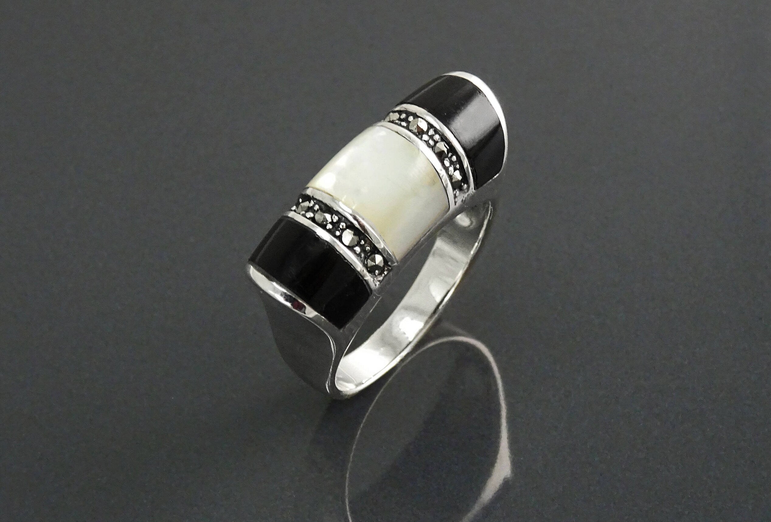 Art Deco Ring, Sterling Silver, Black Onyx Gemstone & Mother of Pearl, Vintage Marcasite Jewelry