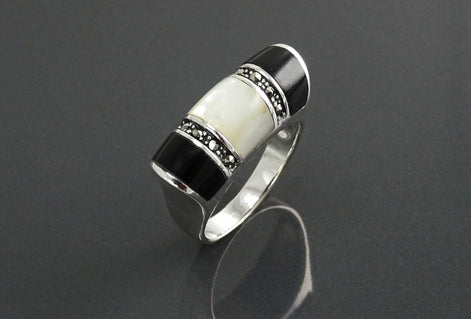 Art Deco Ring, Sterling Silver, Black Onyx Gemstone & Mother of Pearl, Vintage Marcasite Jewelry