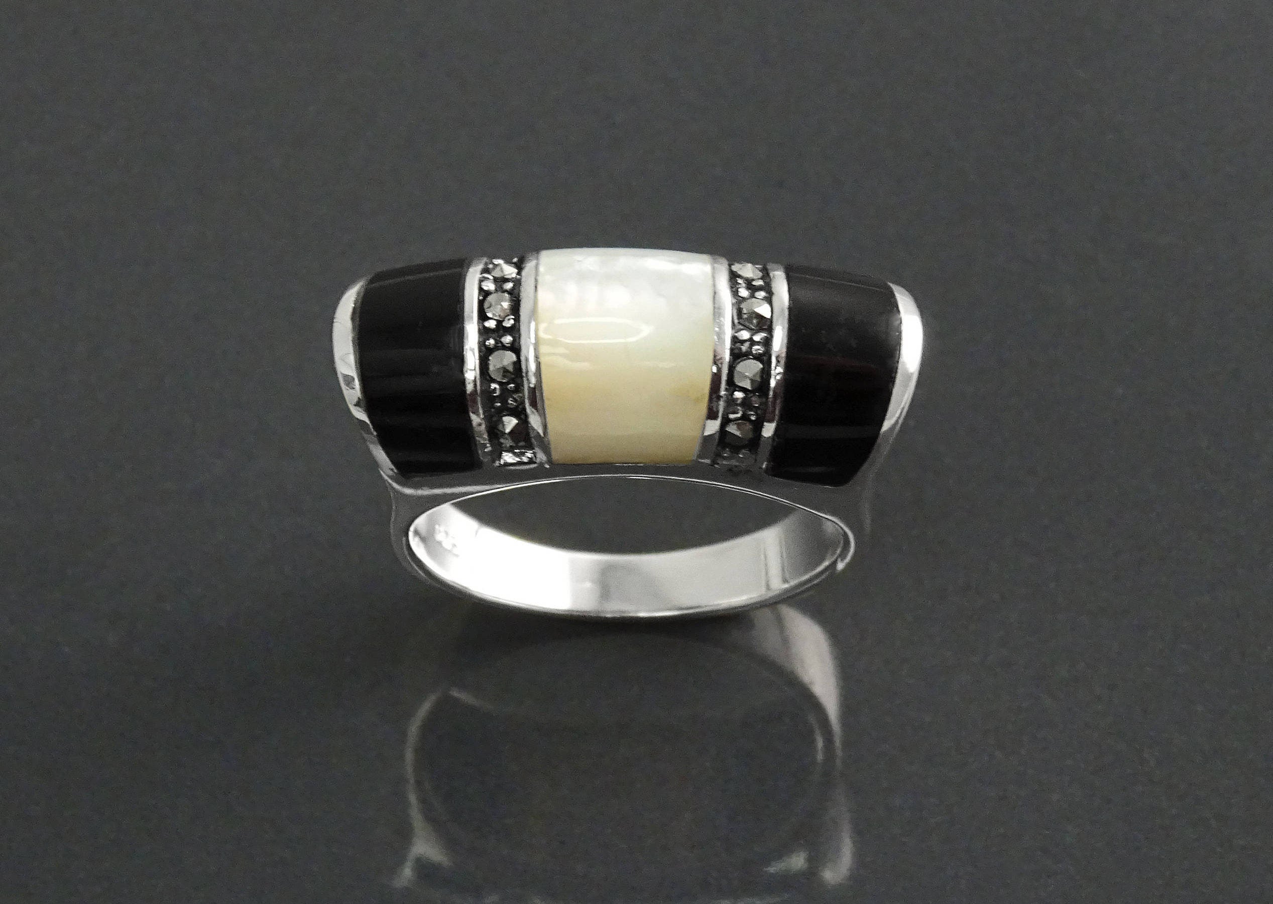 Art Deco Ring, Sterling Silver, Black Onyx Gemstone & Mother of Pearl, Vintage Marcasite Jewelry