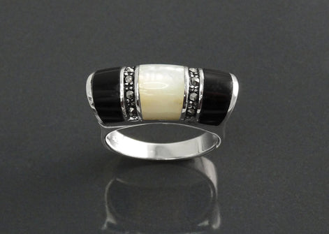 Art Deco Ring, Sterling Silver, Black Onyx Gemstone & Mother of Pearl, Vintage Marcasite Jewelry