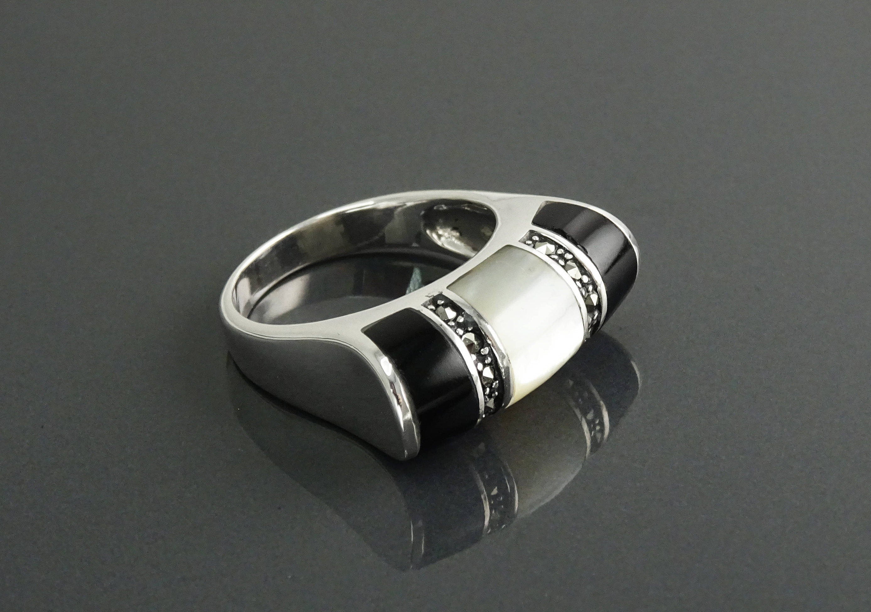 Art Deco Ring, Sterling Silver, Black Onyx Gemstone & Mother of Pearl, Vintage Marcasite Jewelry