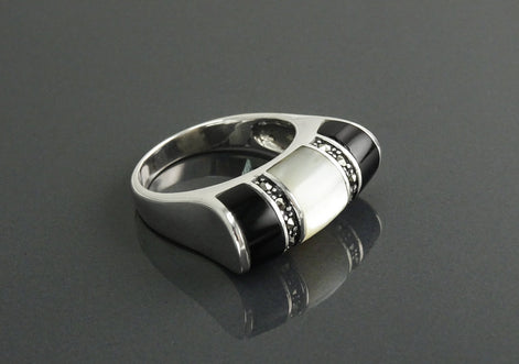 Art Deco Ring, Sterling Silver, Black Onyx Gemstone & Mother of Pearl, Vintage Marcasite Jewelry