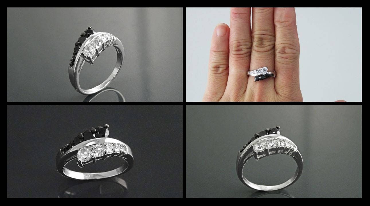 Sterling Silver Cross Ring, Black White CZ Stones, Bi-color Bypass Cocktail Ring