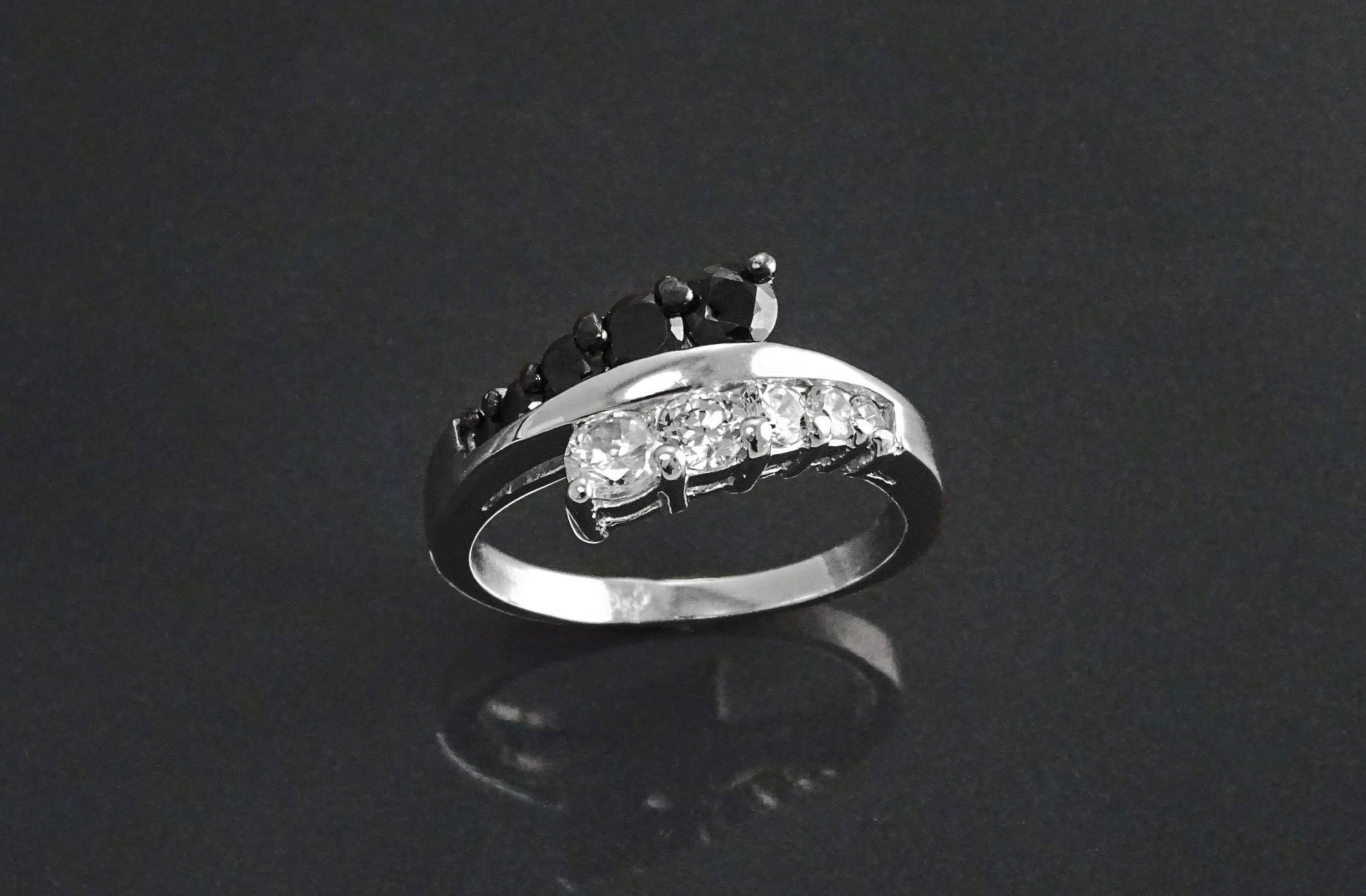 Sterling Silver Cross Ring, Black White CZ Stones, Bi-color Bypass Cocktail Ring