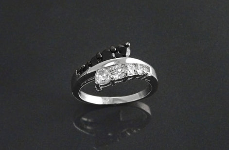 Sterling Silver Cross Ring, Black White CZ Stones, Bi-color Bypass Cocktail Ring