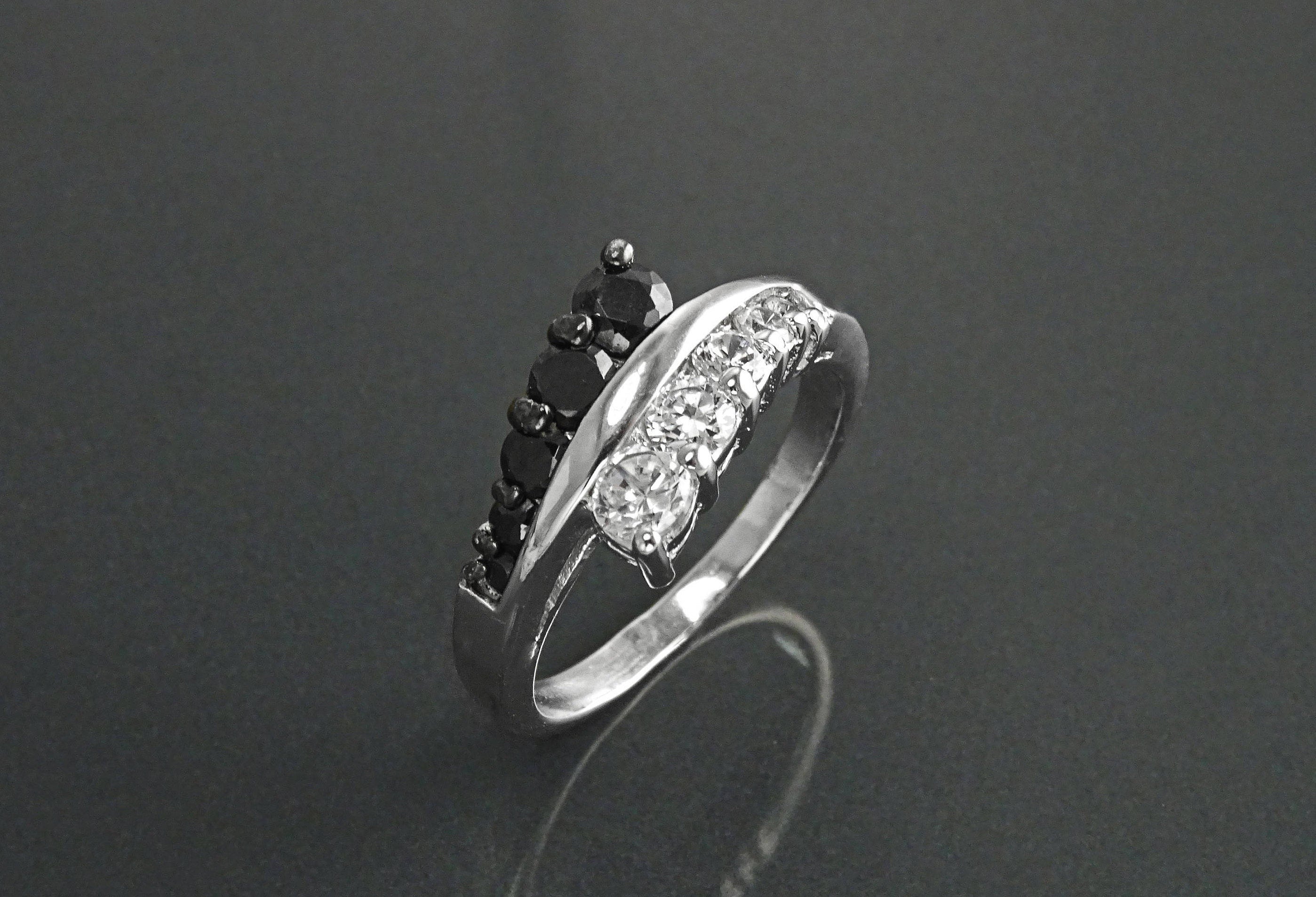 Sterling Silver Cross Ring, Black White CZ Stones, Bi-color Bypass Cocktail Ring