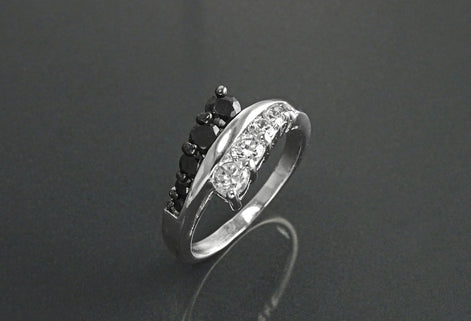 Sterling Silver Cross Ring, Black White CZ Stones, Bi-color Bypass Cocktail Ring