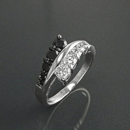 Sterling Silver Cross Ring, Black White CZ Stones, Bi-color Bypass Cocktail Ring