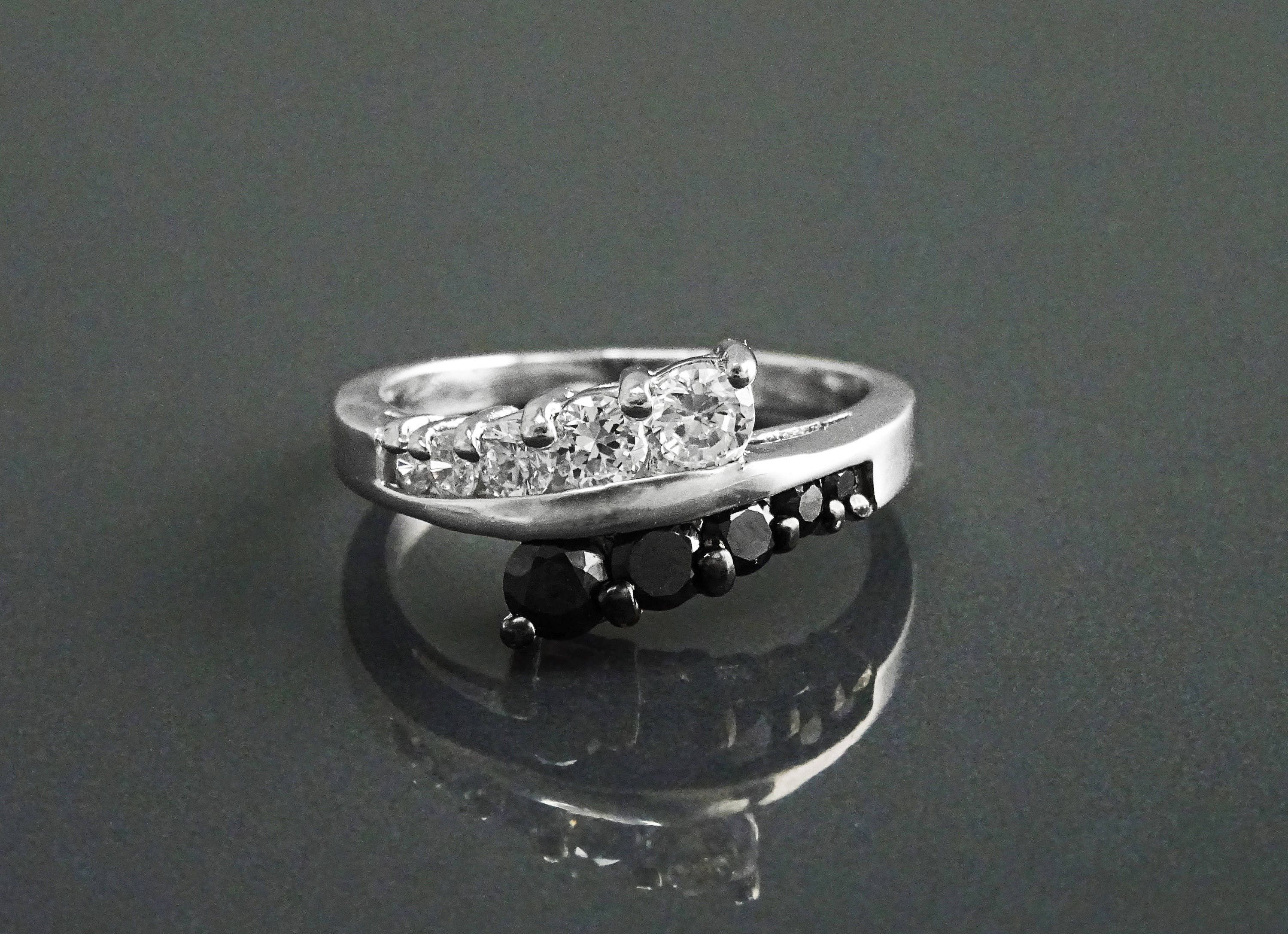 Sterling Silver Cross Ring, Black White CZ Stones, Bi-color Bypass Cocktail Ring