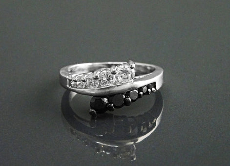 Sterling Silver Cross Ring, Black White CZ Stones, Bi-color Bypass Cocktail Ring